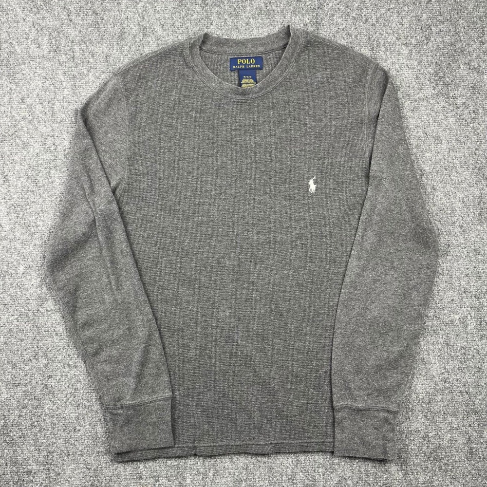 Polo Ralph Lauren Mens Medium Gray Waffle Knit Thermal Long Sleeve Shirt Pony